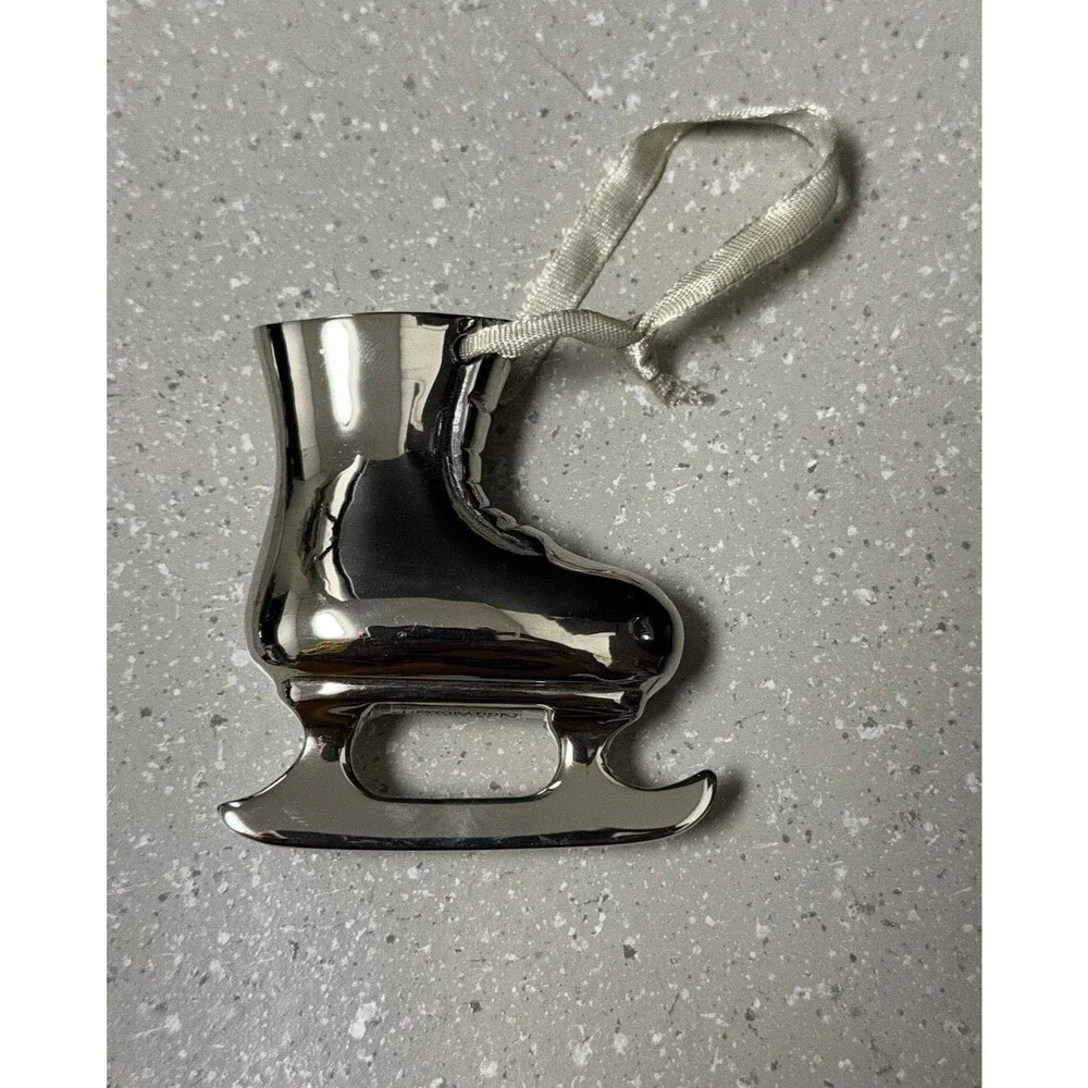 RESTORATION HARDWARE Heavy Christmas Ornament Silver Ice Skate Vintage Ribbon